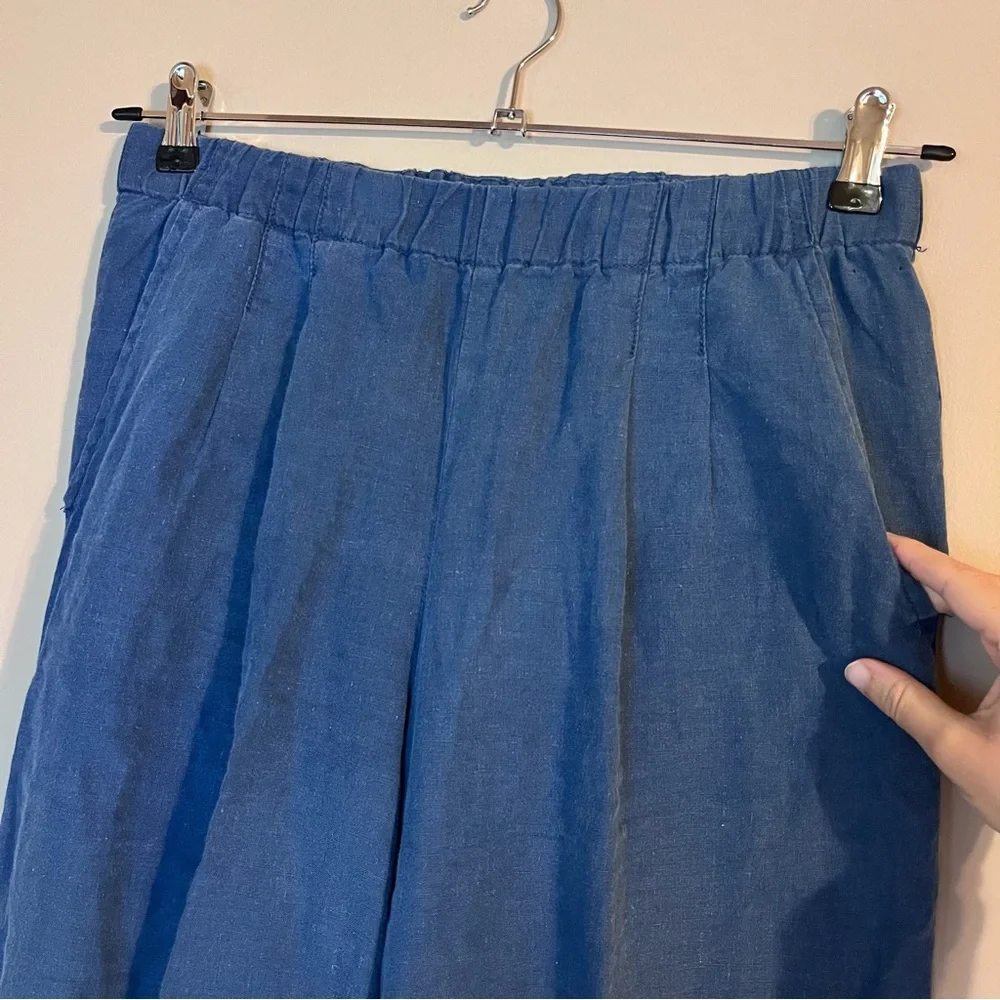 J.Crew Linen Pleated Pull On Elastic Waist Full Length Wide Leg Pant Indigo Blue - Picture 4 of 8